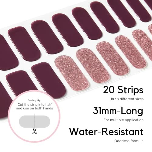 Set of 20 nail polish strips in different sizes and colors, including maroon and glitter pink.